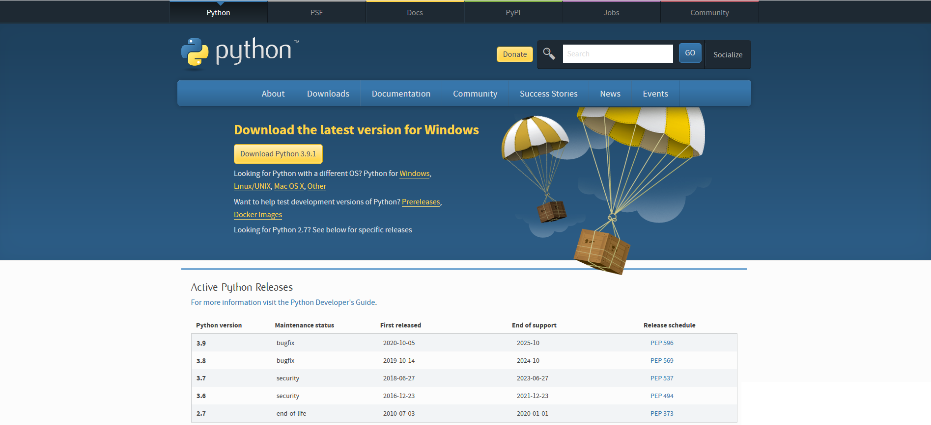 Capture du site python pour le téléchargement
